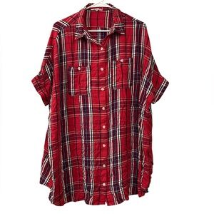 Women's Oversized Red Plaid Button Down Shirt